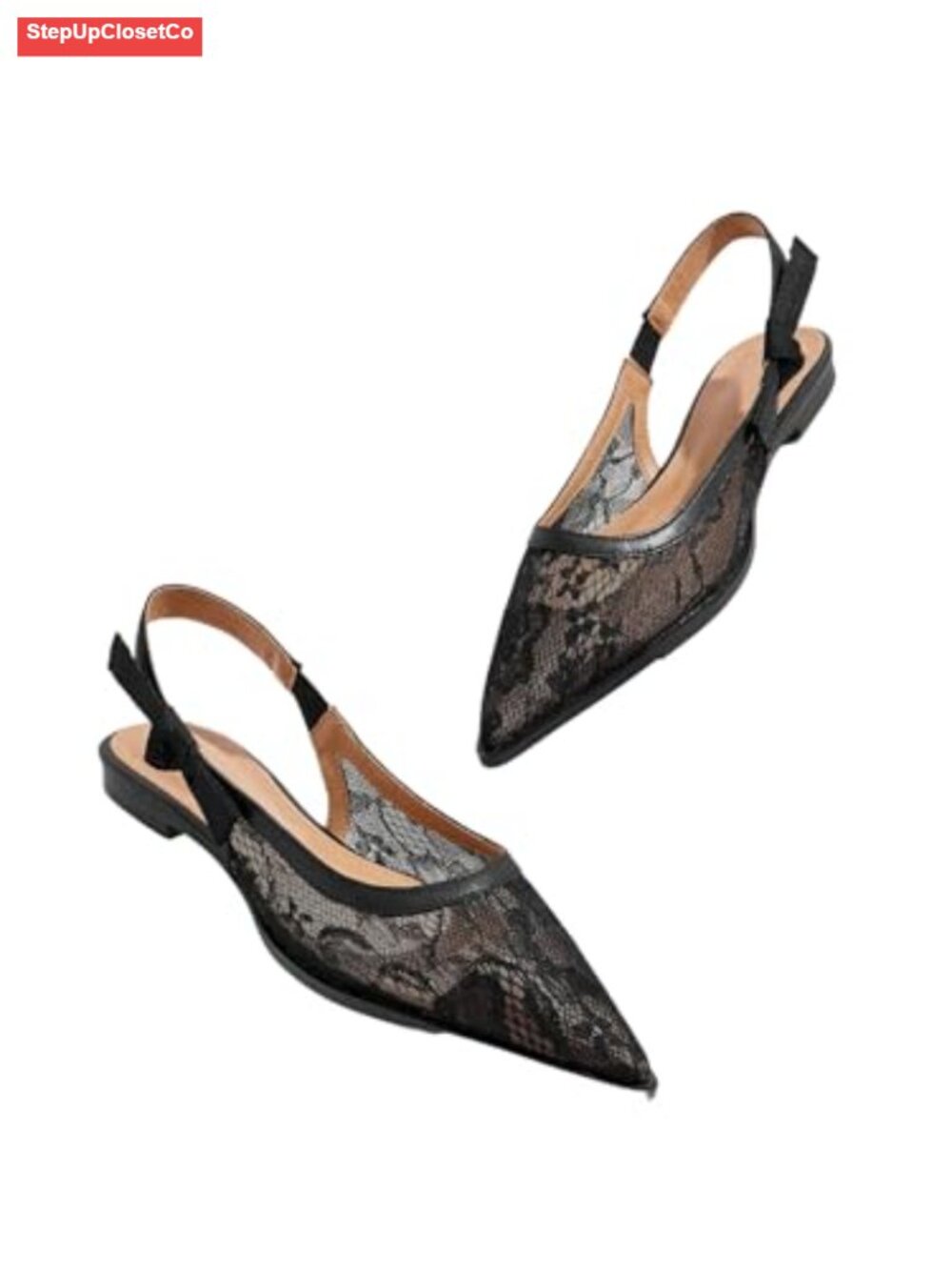 Floral Lace Slingback Flats Mesh Pointed Toe Dressy Wedding Guest Party Shoes
